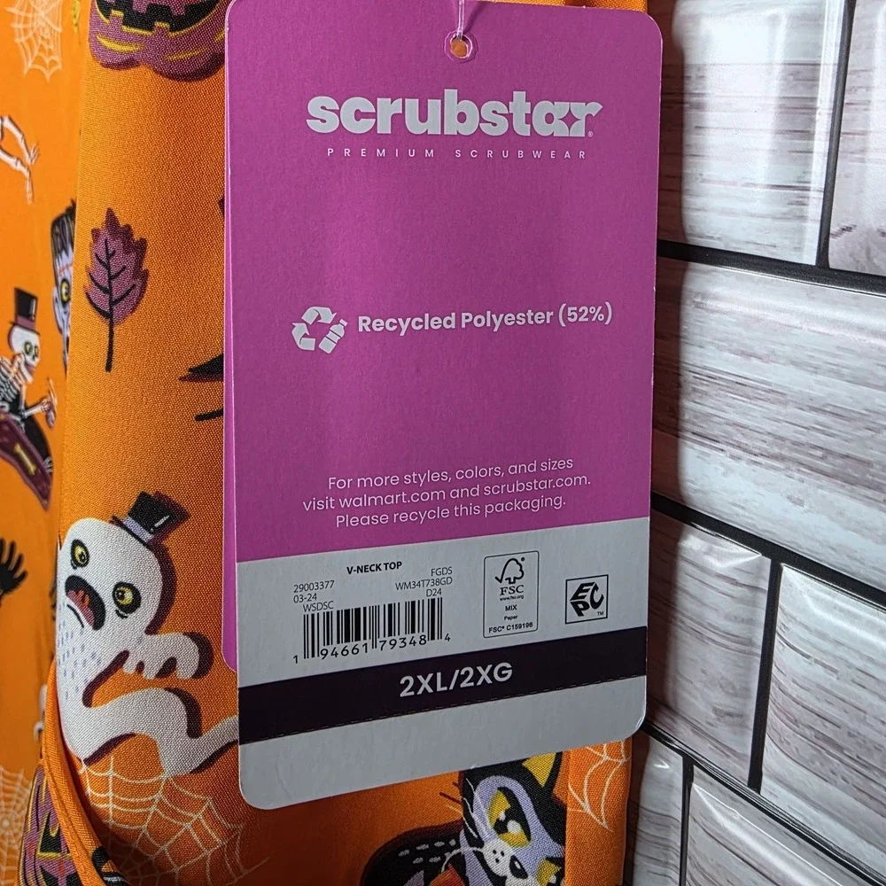 New Scrubstar Women's 2XL Orange‎ Halloween Short Sleeve V Neck Scrub Top